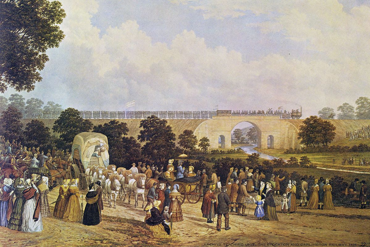 Opening of the Stockton and Darlington Railway, a watercolour painted in the 1880s by John Dobbin showing crowds watching the inaugural train cross the Skerne Bridge in Darlington. Source Wikimedia Commons.