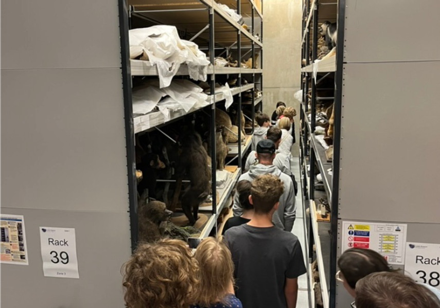 A tour group walking in between shelving in Leeds Discovery Centre Tour