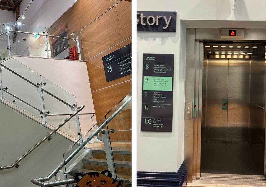 A double image of locations within Leeds City Museum: on the left are the stairs between the second and third floors, and on the right is the second floor lift.