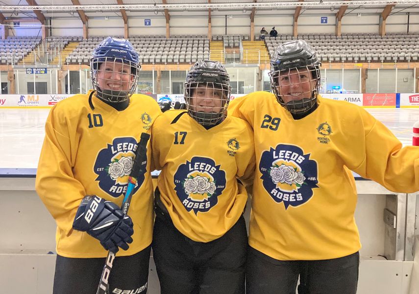 Three female Leeds Roses ice hockey players