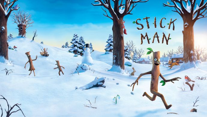 Stick man and friends wondering through snow
