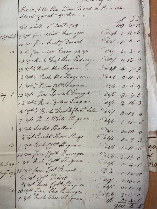 Silk Merchant’s Bill, 1729 from the West Yorkshire Archive Service Leeds 
