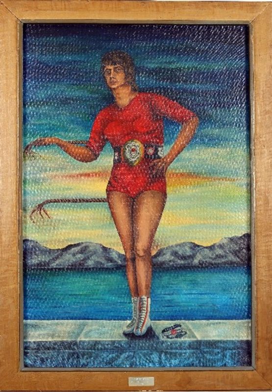 A painting of Sue Brittain in a red wrestling outfit in front of water, with mountains and a sunset behind
