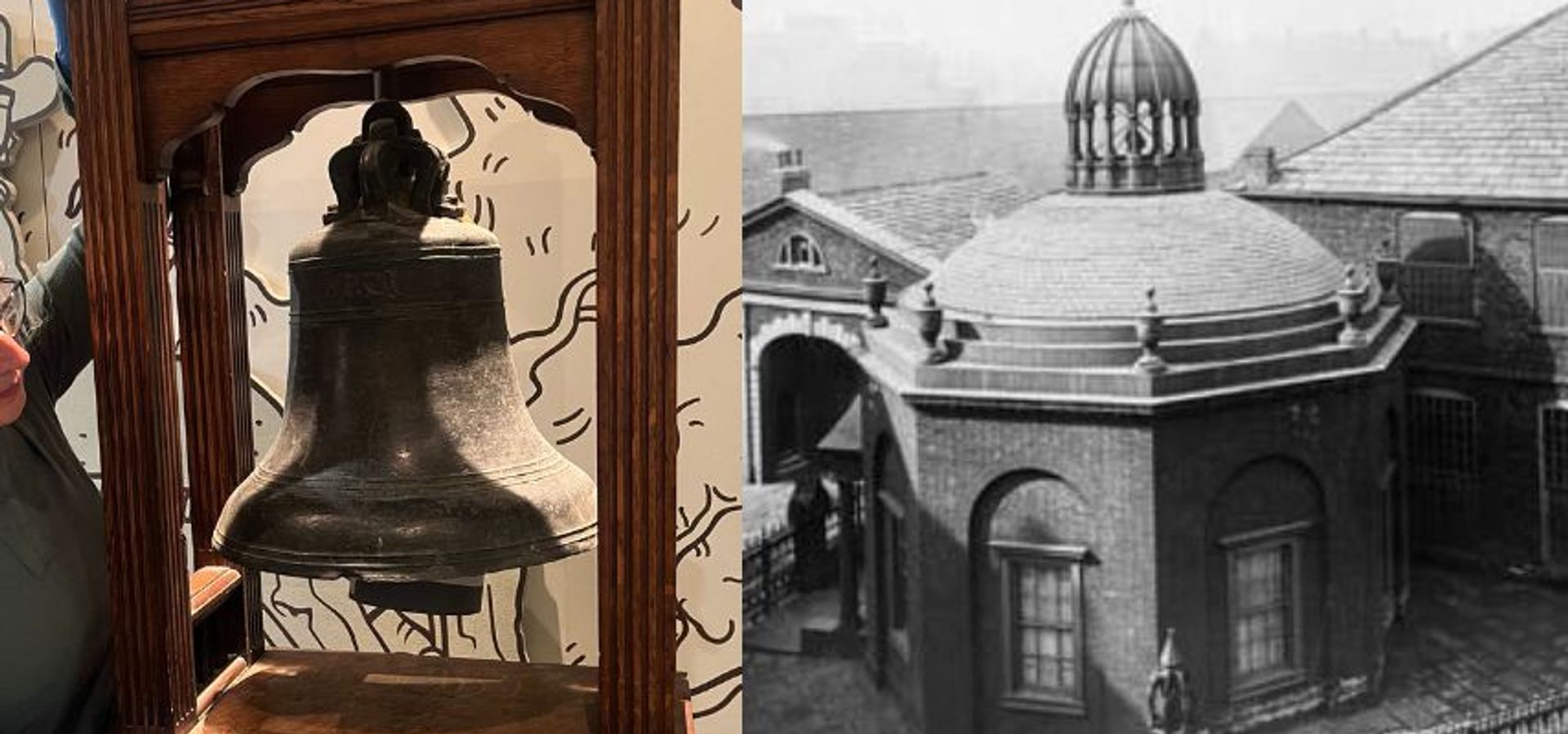 (Left) The bell from Leed's Coloured Cloth Hall (Right) black and white photo of the hall itself