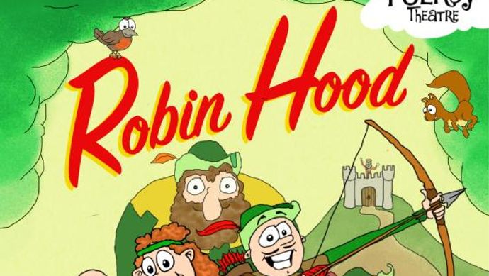 The title of the play, Robin Hood, over a yellow and green background