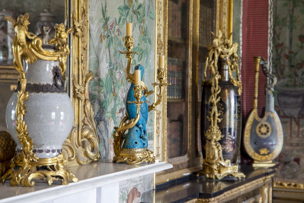 A close up of decorative arts items in the blue room in Temple Newsam