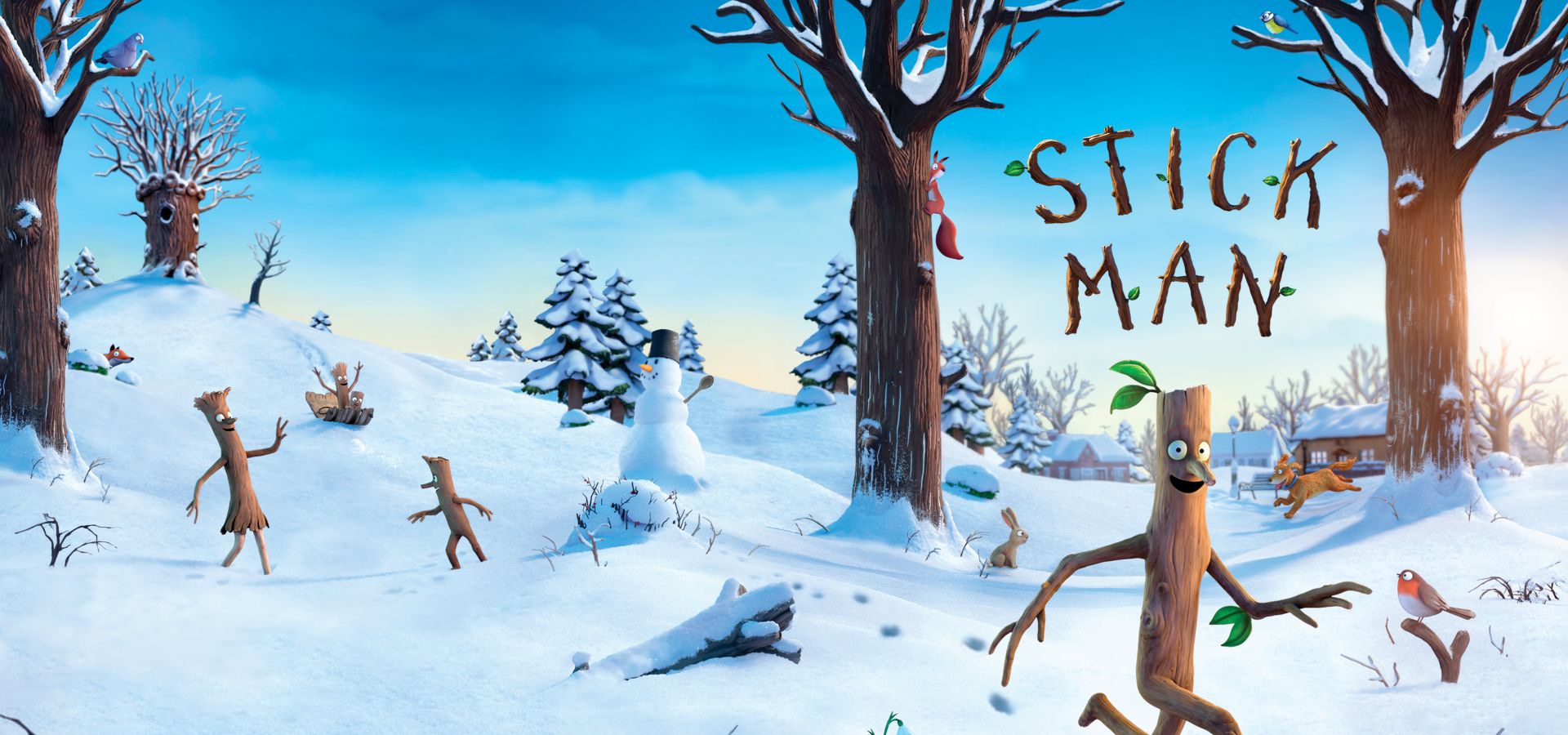 Stick man and friends wondering through snow