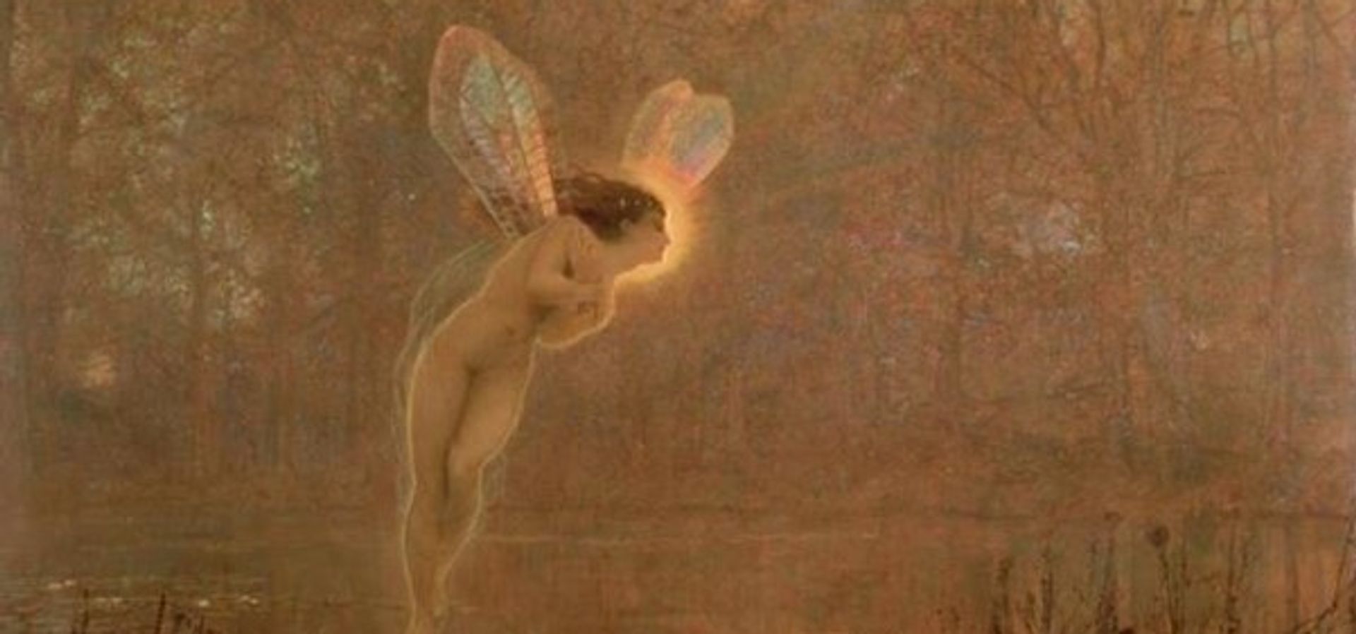 A painting of a figure, Iris, hovering just over the surface of a lake. She is haloed in gold with iridescent, fairy-like wings. She stands out in front of a brown and barren forest background.