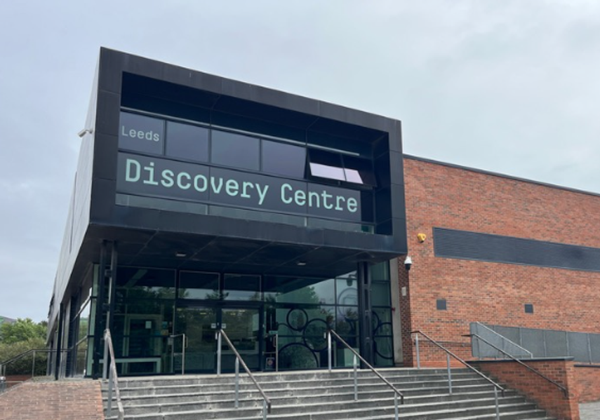 The front of the Leeds Discovery Centre, with stairs up and a ramp to the right