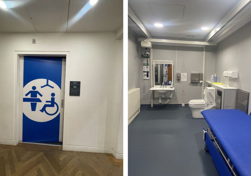 A double image of locations in the Leeds City Museum: on the left is the door to the changing places facility and the right is the inside of the changing places facility
