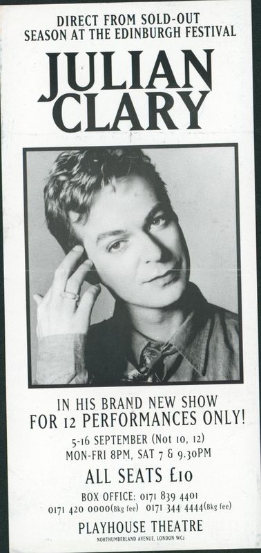 Photograph of printed poster advertising a Julian Clancy performance
