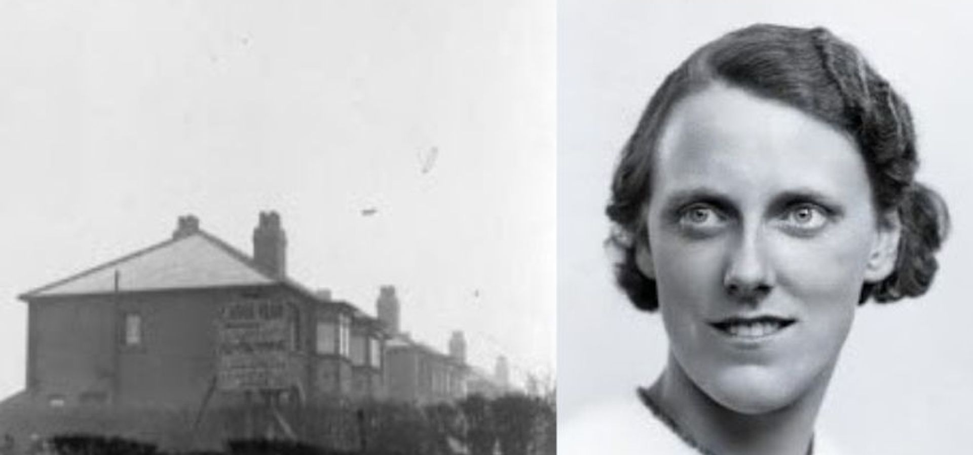 (Left) Black and white photo of houses on Selby Road (Right) A black and white portrait photo of Gertrude Bray