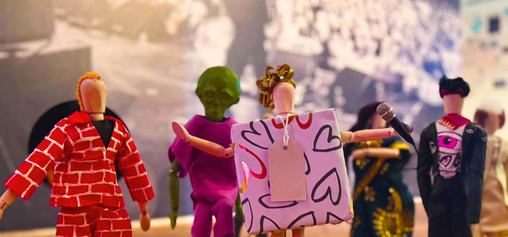 Mini mannequins with hand-made famous musician costumes on