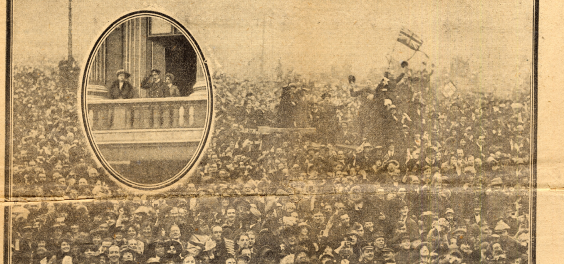 A old newspaper image of a crowd with an insert 