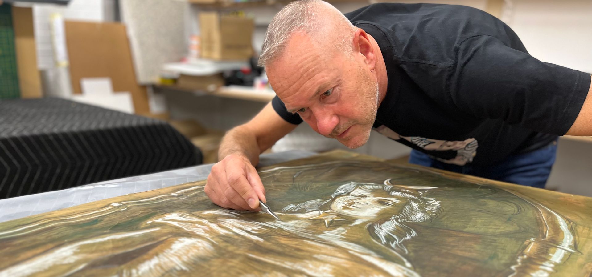 Goddess of Night by artist Quentin Bell begining conserved amd repaired