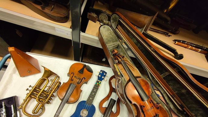 A group of musical instruments from the collection store at Leeds Discovery Centre
