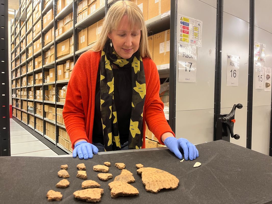 Kat Baxter, Leeds Museums and Galleries’ curator of archaeology, with some of the ancient Bronze Age finds made at Pitty Close Farm in Drighlington, Leeds.