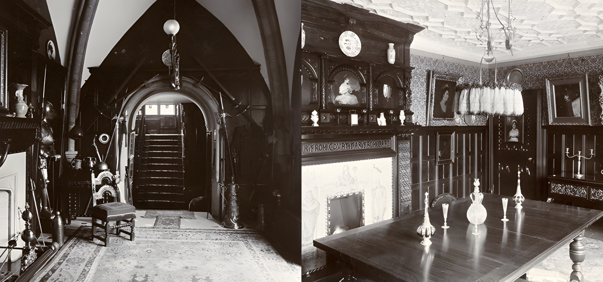 black and white images of the inside of abbey house museum. comprising of a dining room and archway with stairs behind