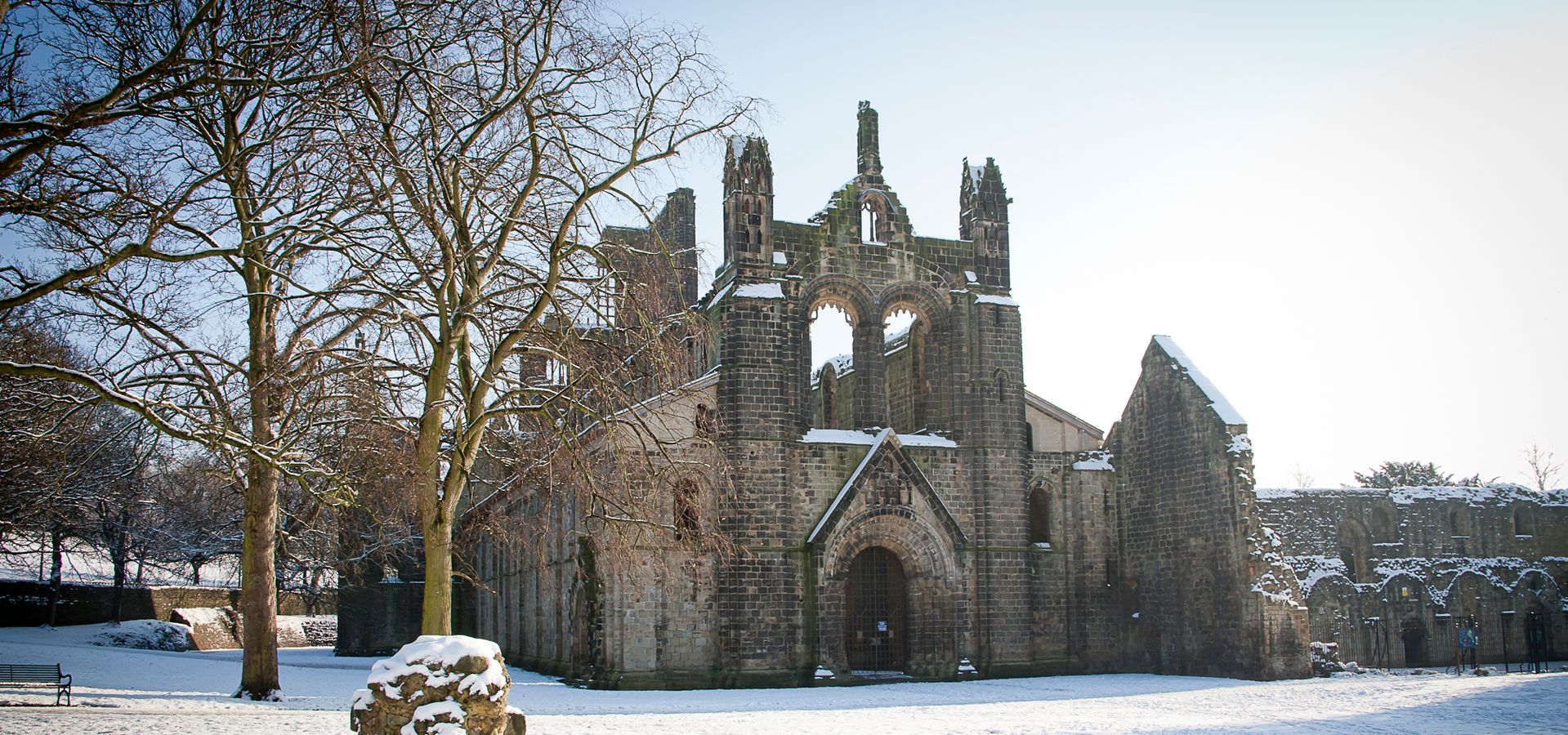Kirkstall Abbey ruins in the snow
