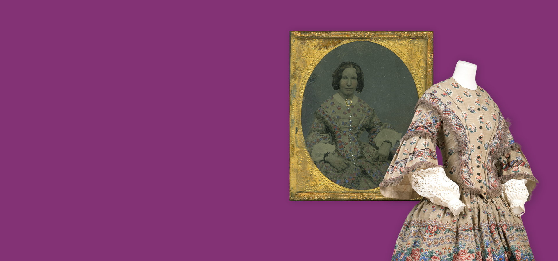 A Victorian dress on a mannequin in front of a picture frame of a woman wearing the dress