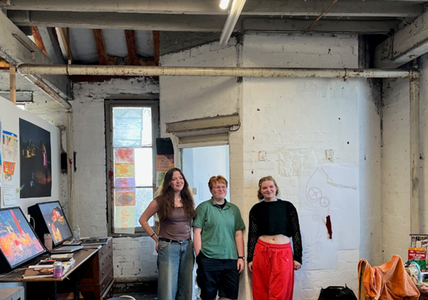 2025 Accelerator Bursary artists: Hannah Guy, Reece Kelly and Alegria Repila Smith in their studio space at Assembly House, Armley, Leeds, April 2025