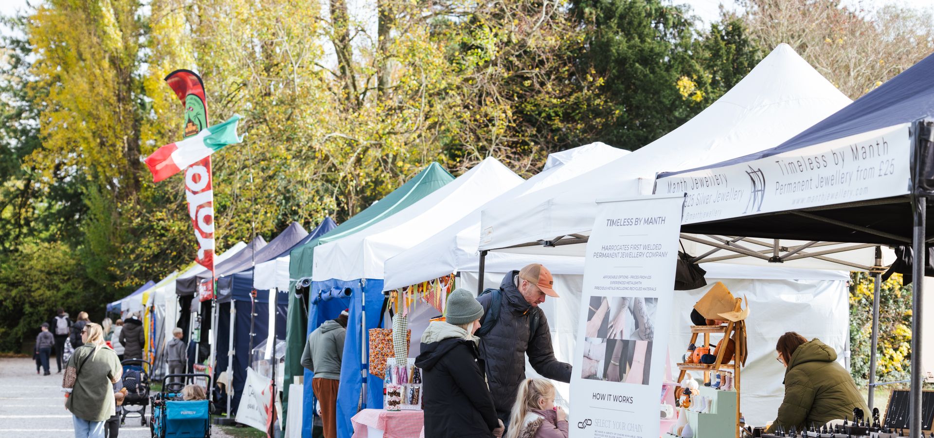 A row of market stalls and tents