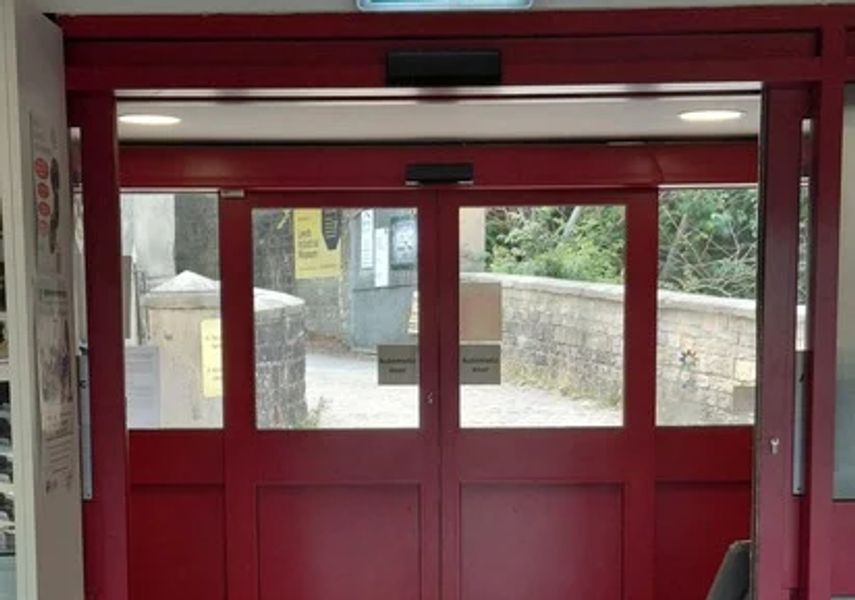 Photo of red automatic doors