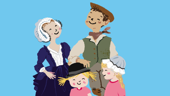 An illustration of a man and woman and two children with blonde hair all wearing hats on a blue background