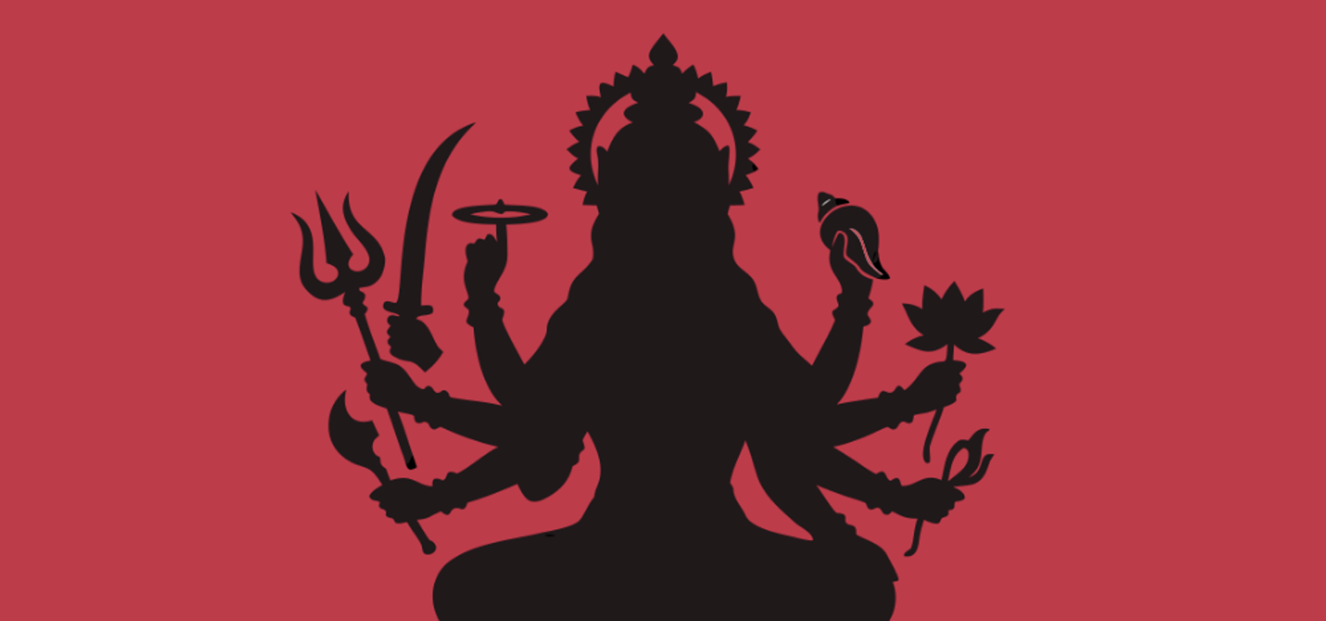 A black silhouette of Durga, She is shown with multiple arms. Each hand holds a weapon given to her by a different god.