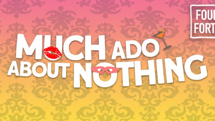 The title of the plays, Much Ado About Nothing and Macbeth, in front of a yellow and pink background
