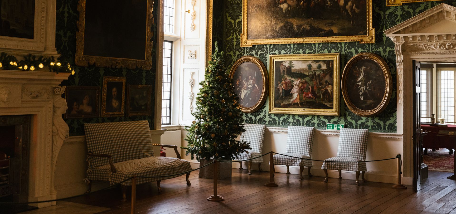 The Picture Gallery of Temple Newsam dressed with festive decorations.