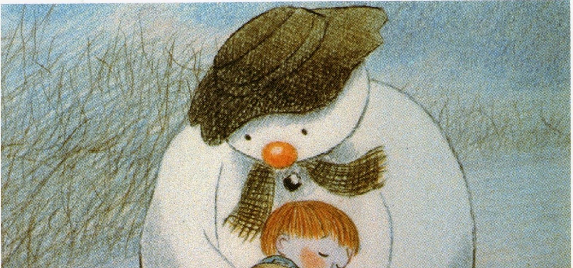A illustrated snowman hugging a boy