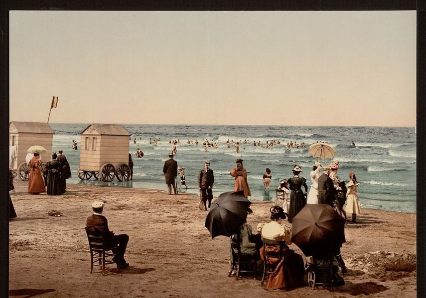 A colour photograph of Victorians at the beach