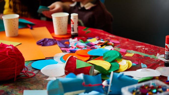 Childrens' arts and crafts materials on a table