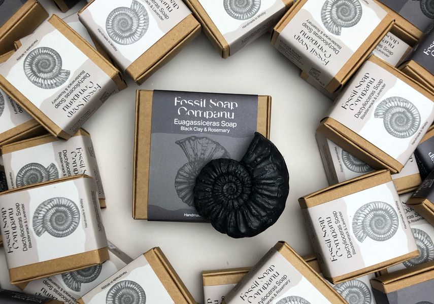 A black shell shaped soap, surrounded by boxes of the same soap