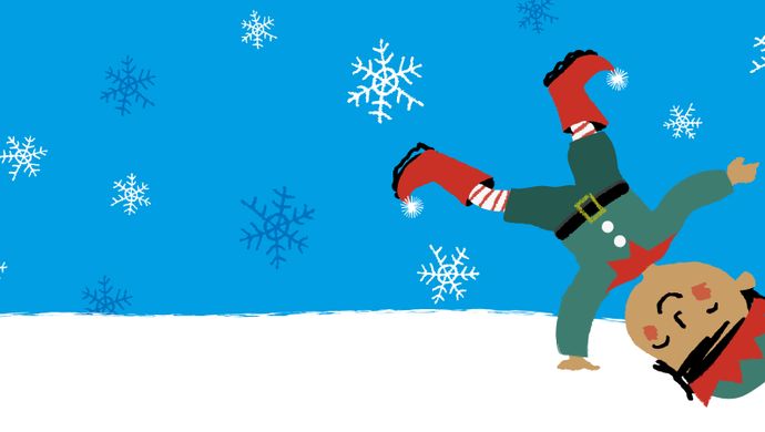 A elf illustration doing a cartwheel across a floor of snow with snowflakes in the background