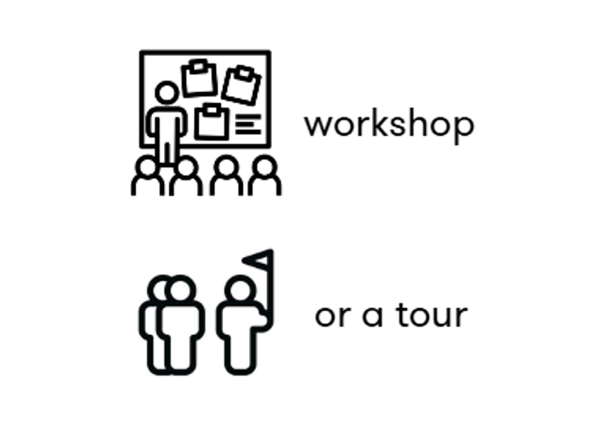 A workshop symbol with a group of people and a person leading an activity, and a guide giving a tour