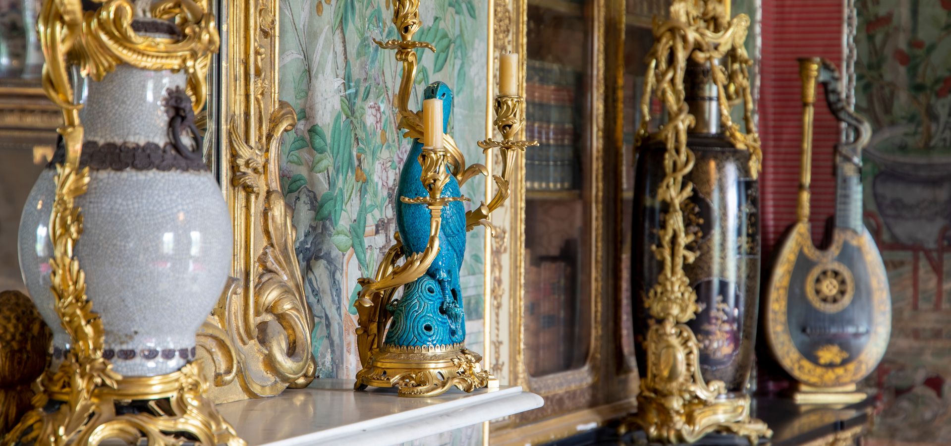 Ornate ceramic ornaments on a matelpiece at Temple Newsam