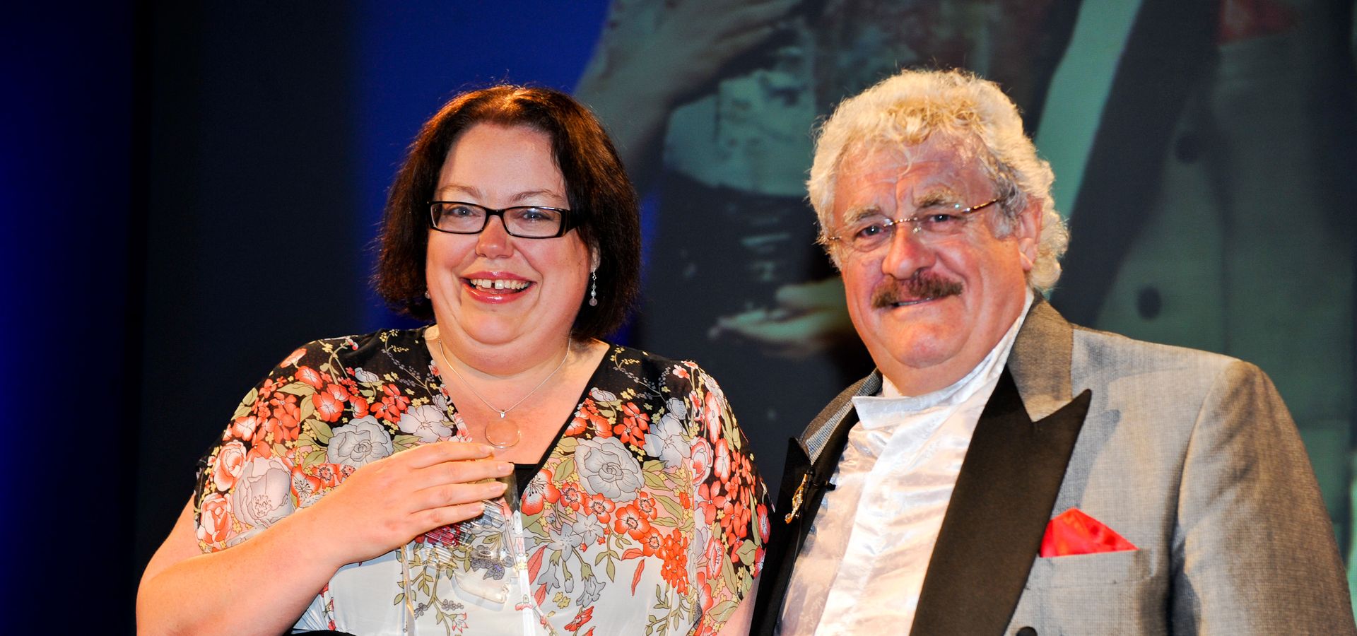 Picture of Lisa Holdsworth (with Bobby Knutt) winning the RTS Yorkshire Writer of the Year (2011) - Photo Credit Paul Harness, courtesy of Lisa Holdsworth