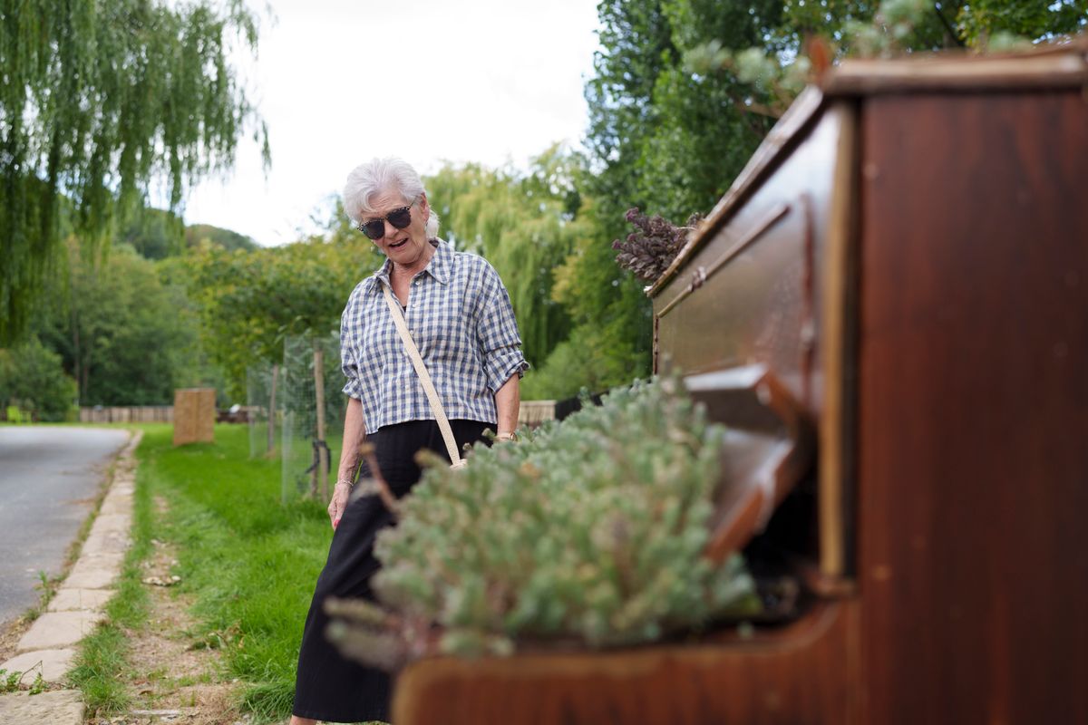 A woman with sunglasses on looking at herbs growing out of a piano