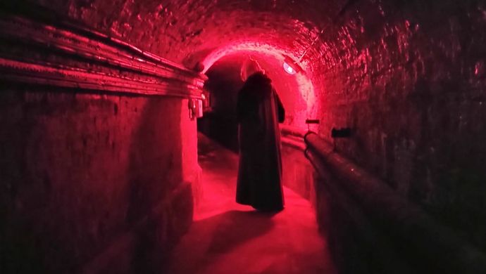 Someone walking through the dark cellars of Temple Newsam