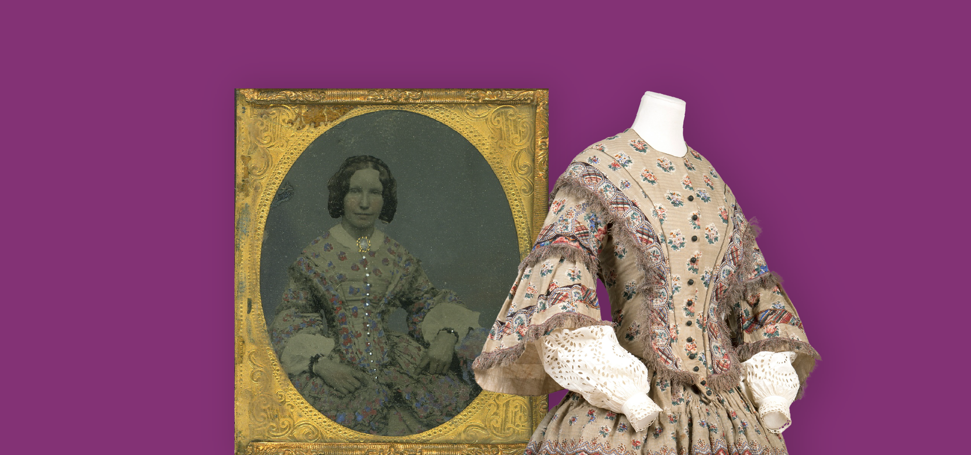 A purple background with a mannequin with a Victorian dress on and a framed photograph of a woman wearing the dress