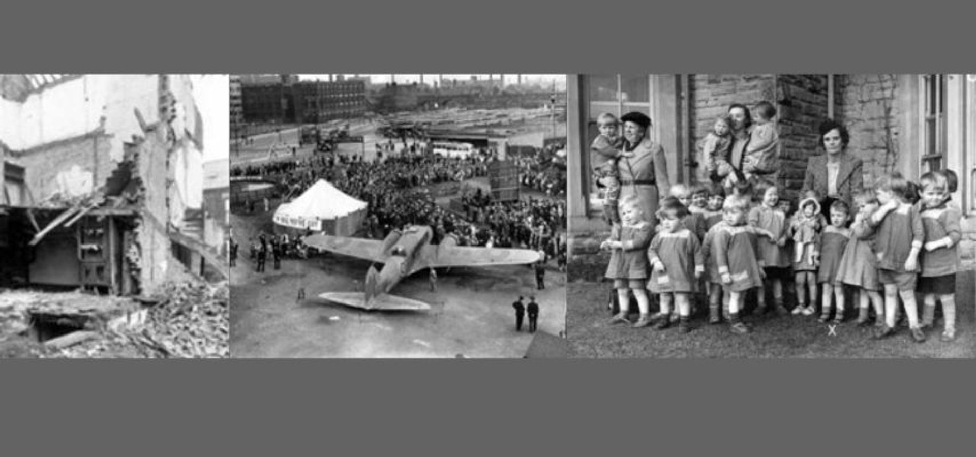 Black and white photographs of WW2 plane and people