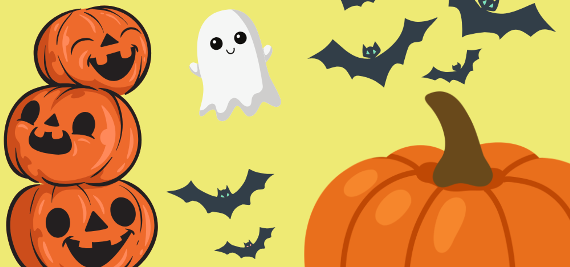 pumpkin, ghosts and bat motifs on a yellow background
