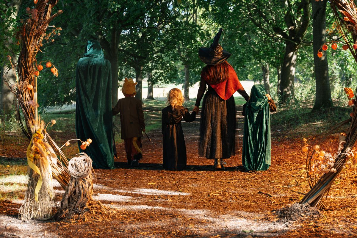 Two adults wearing capes and witch costumes with 3 children wearing witch costumes walking through a woodland