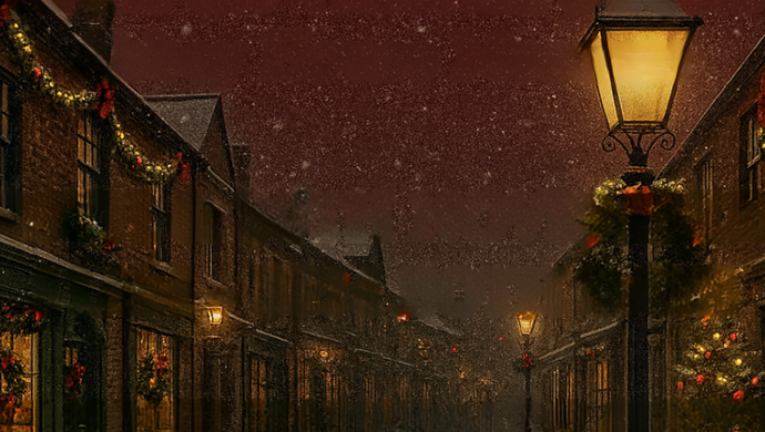 An illustration of a victorian street with a dark red sky