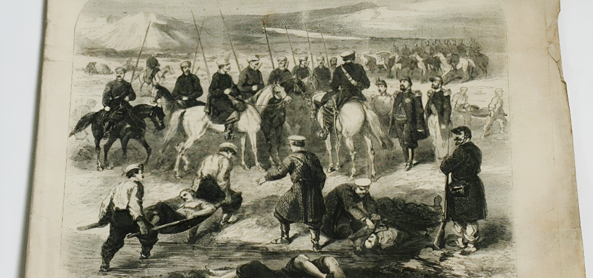 A drawing of soldiers on horses and people carrying people on beds