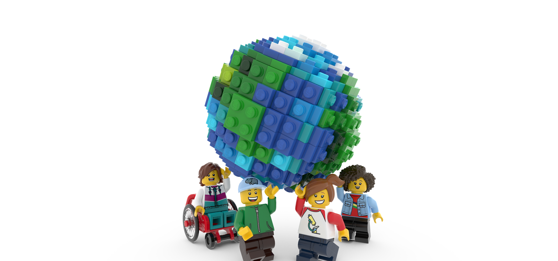 lego people holding up a lego planet earth