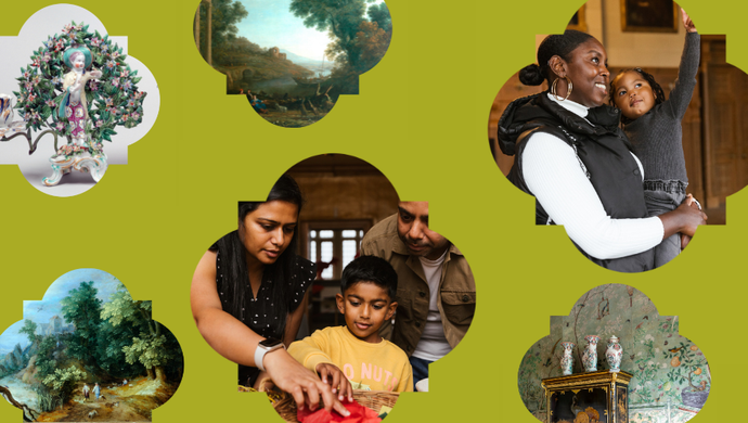 A green background with quatrefoil shapes with people and paintings in