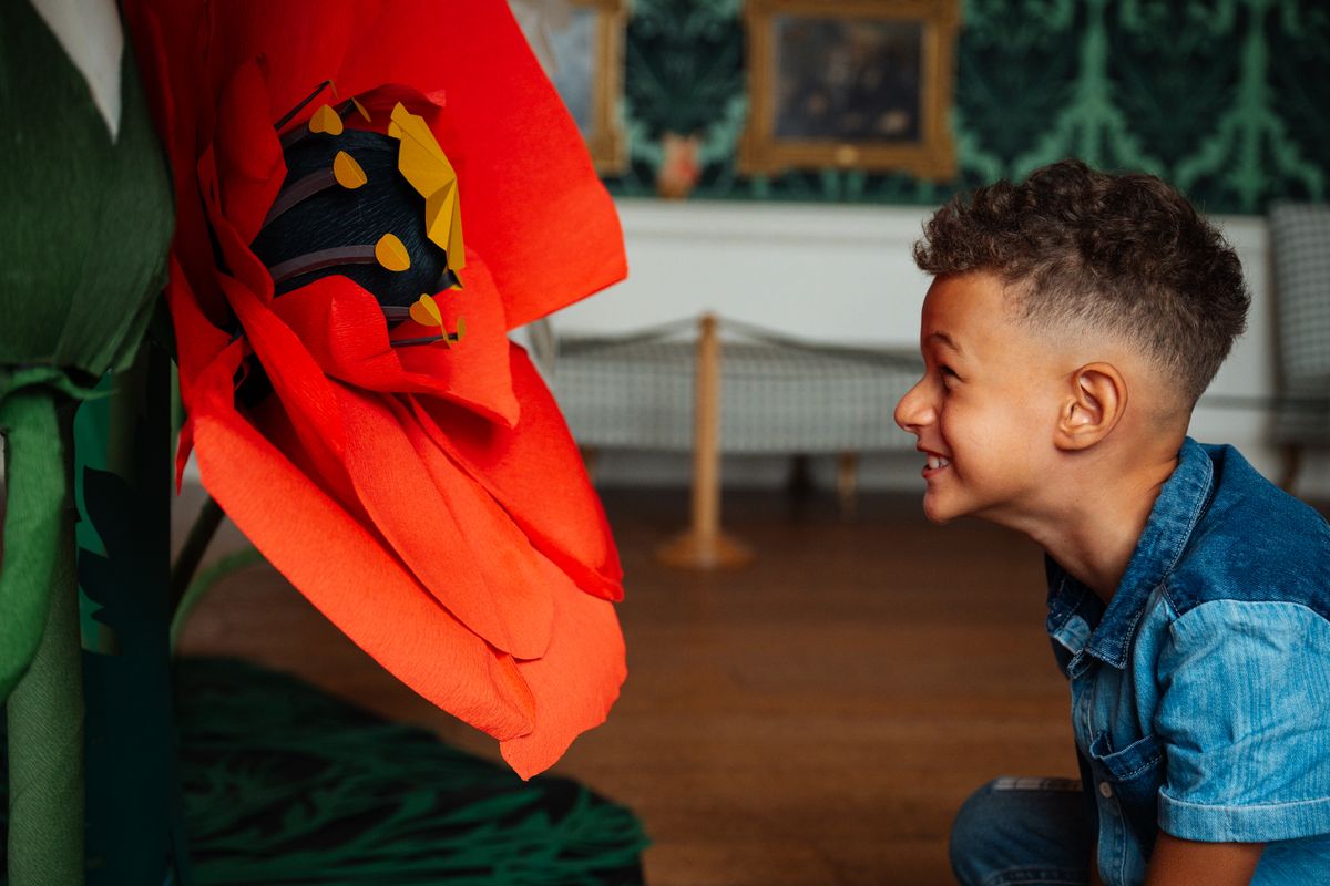 Side profile of child looking at giant paper poppy